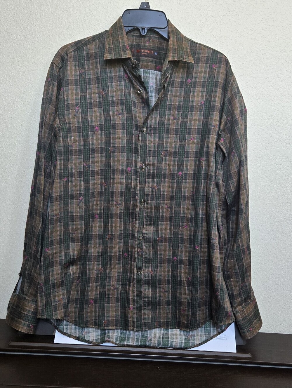 Etro Men’s Dress Casual Shirt Plaid Gingham Tropical Bird Size 41 / US L